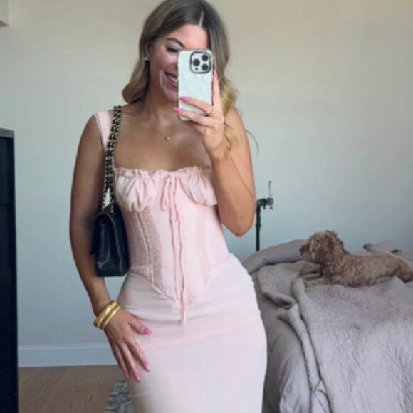 House of CB Dresses & Skirts - House of CB 'Syrah' Soft Peach Lace Back Mini Dress Light Pink Size XS